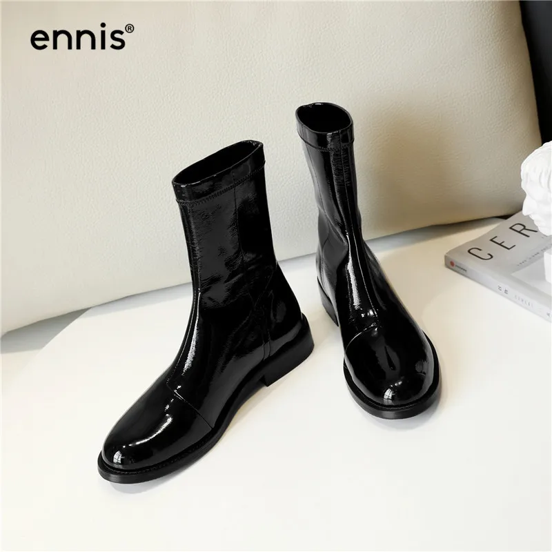 ENNIS/ г. Модные ботинки на плоской подошве женские ботинки до середины икры из черной лакированной кожи дизайнерские ботинки из замши на низком каблуке Осенняя женская обувь, A9164