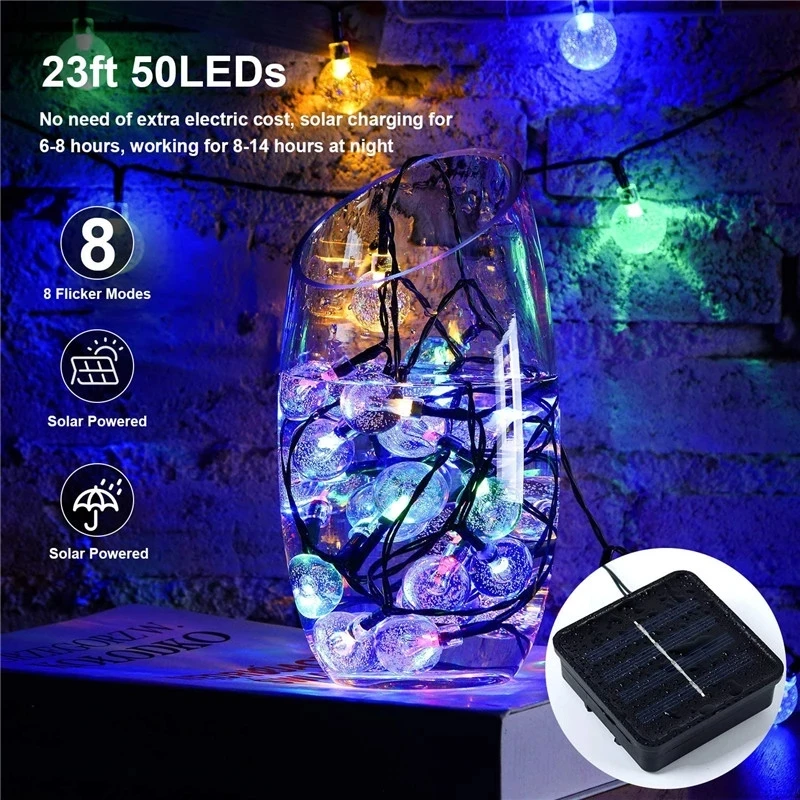 새로운 50 LEDS 10M 크리스탈 볼 태양광 램프 파워 LED 스트링 페어리 라이트 태양광 가랜드 정원 크리스마스 장식 야외용 다채로운 조명