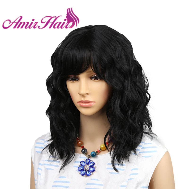 Амир блонд вьющиеся синтетические парики со свободной боковой челкой средней длины термостойкие волокна косплей парик для афро-американских женщин - Цвет: # 1B
