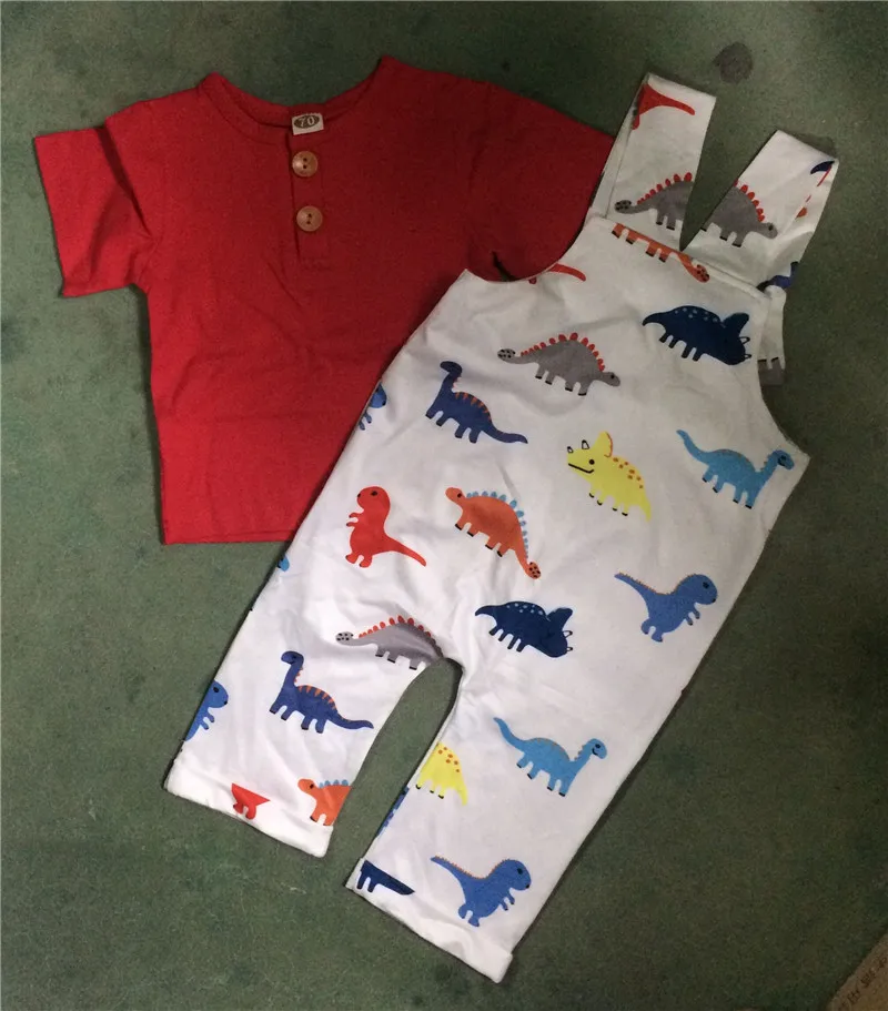 0-4years Newborn Outfits Short Sleeve Button Red T-Shirt Boys Tops Dinosaur Overalls Suspenders Pants Baby Boy Clothes Set
