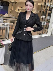 2022 nova moda feminina vestido de festa do escritório conjunto feminino primavera tweed jaqueta de lã blazer ternos com saia duas peças outfit preto