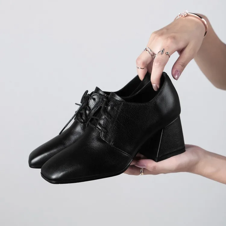 

2018 Spring And Autumn New Style Shoes Women's Square Head Chunky High Heel Shoes shen kou xie Women's Lace-up British Style Gen