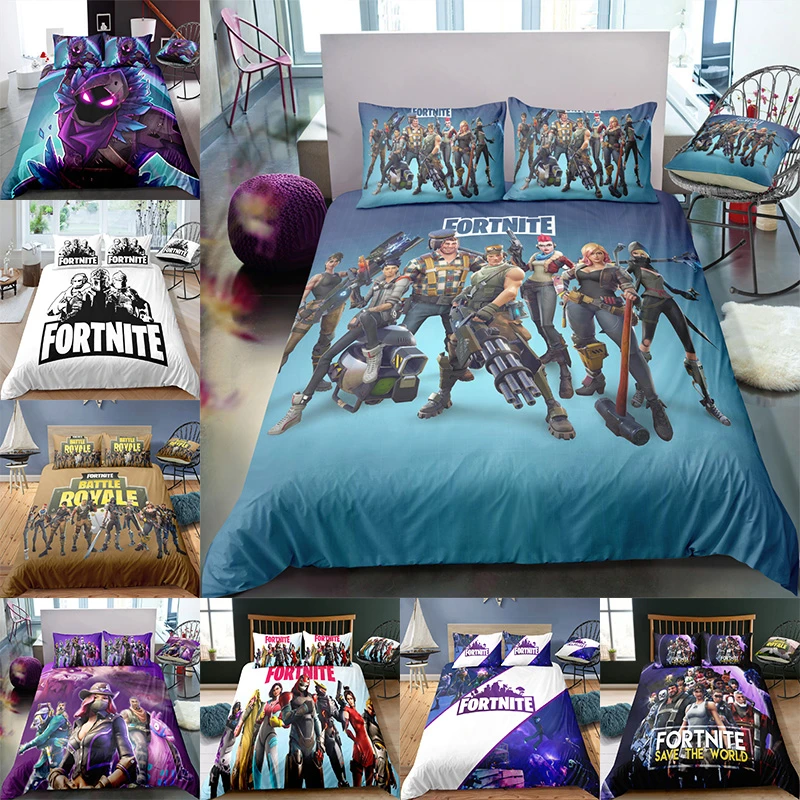 Juego de ropa de cama de Fortnite para el hogar, edredón de algodón, sábanas, edredón, funda de almohada de Anime, King, 3 unids/set|Decoraciones DIY de fiestas| -