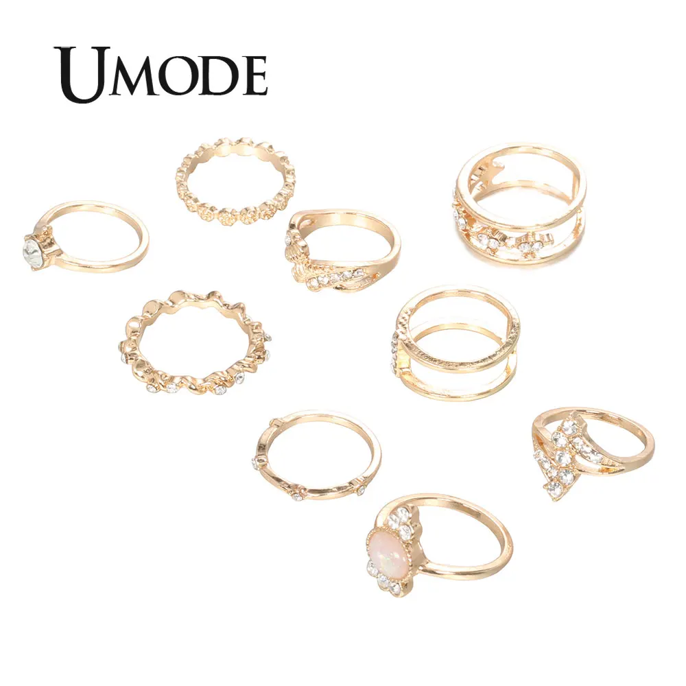 UMODE 9 шт. модные золотые кольца набор для женщин и девочек винтажные Стразы Aolly опал Праздничная бижутерия с кольцами аксессуары PR0220