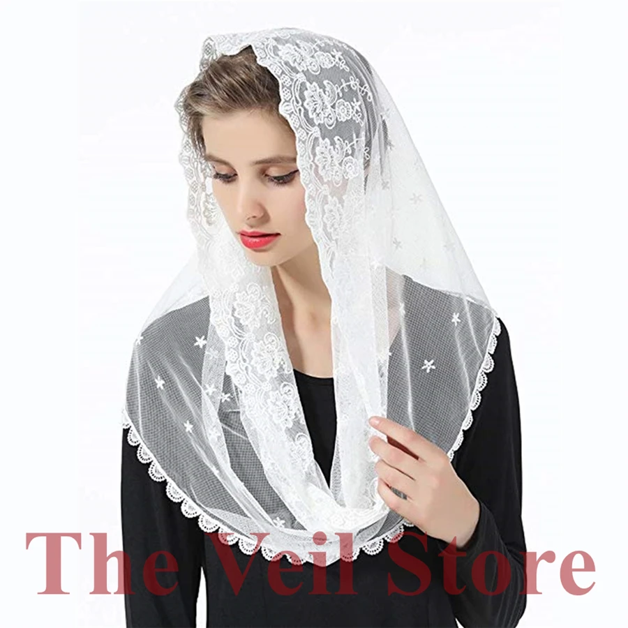 

ISHSY Women Embroided Tulle Lace Mantilla Chapel Veils for Church HeadCover Wrap Latin Mass Veil Mantilla Velo de Novia Mantille