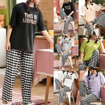 

Summer Ladies sleepwear Set Short Sleeve Top Trousers sleepwear Fashion Loose Large Size Two-piece Homewear 2020