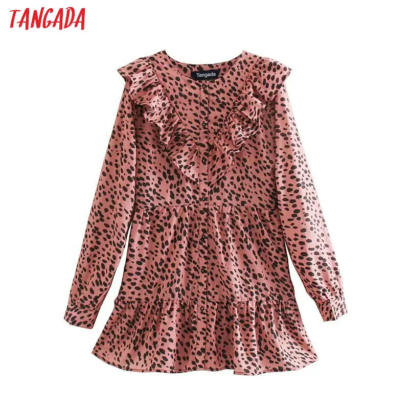 Tangada женское розовое леопардовое милое мини-платье с оборками и длинным рукавом, женская повседневная одежда, свободные платья vestidos 5Z69