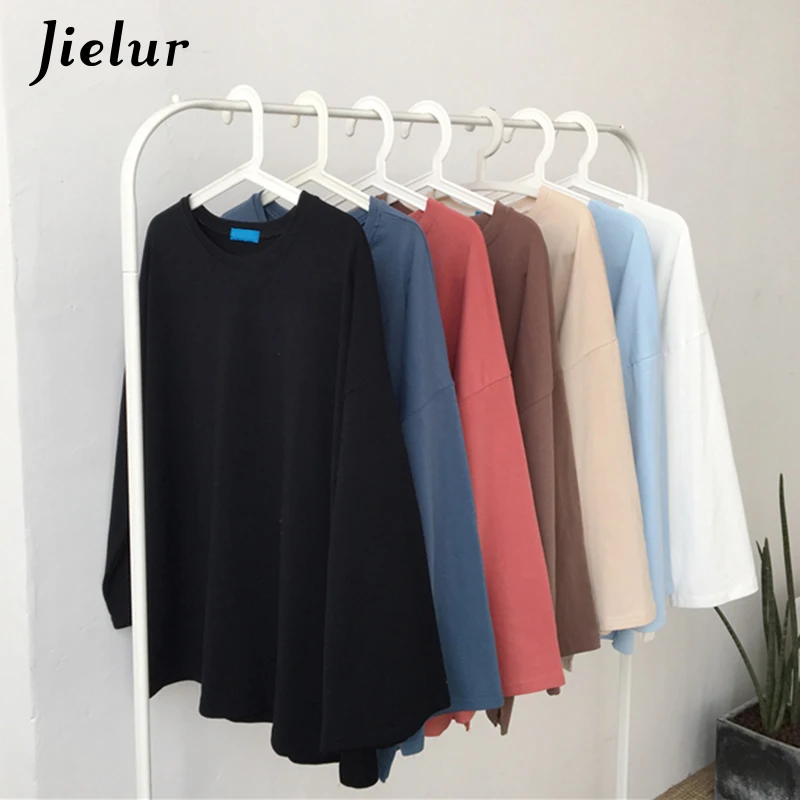 Jielur 7 одноцветное Цвет высокого качества в стиле Harajuku футболка Для женщин с расклешенными рукавами основной корейский Топ женский, с