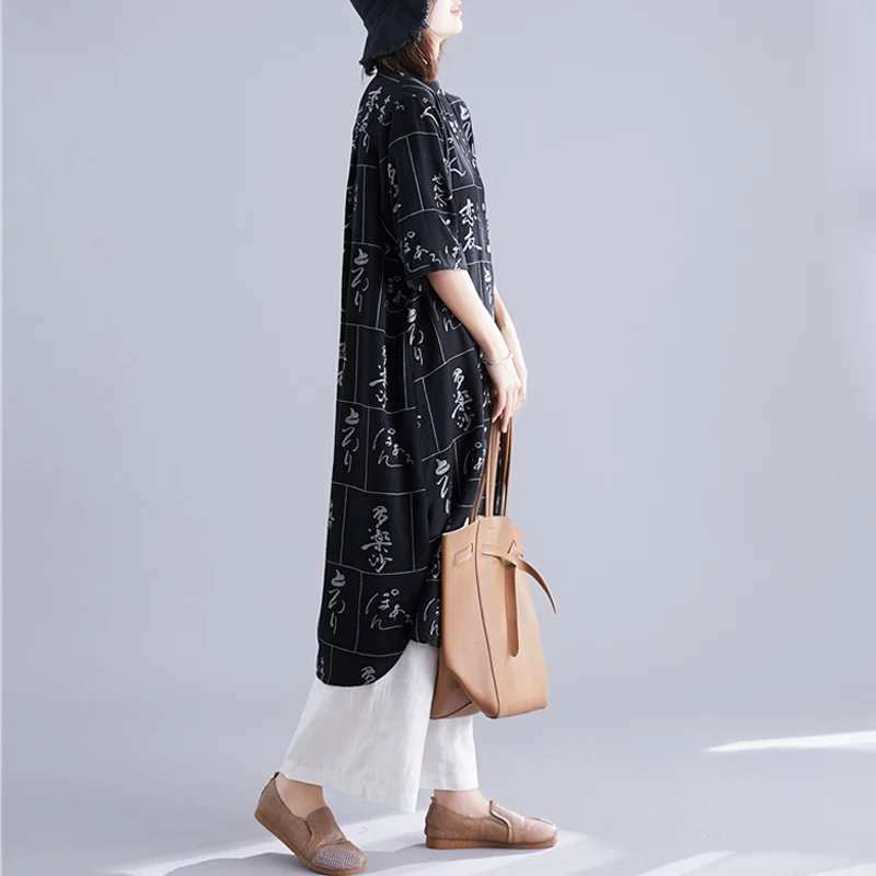 Women Cotton Linen Long Shirt Dress Stand Collar Half Sleeve Printed Pockets Casual Loose Midi Dress Female Harajuku Dresses New