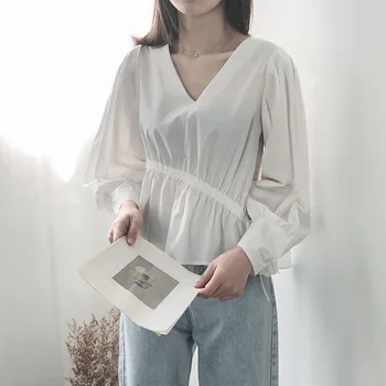 

2020 Summer New Korean Style Cute V-neck Drawstring Irregular Shirt Womens Tops and Blouses White