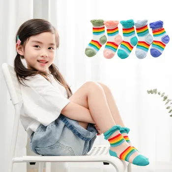 

NS040 2020 Summer baby girls lace mesh socks rainbow colorful socks kids silk dance socks doz pack wholesale
