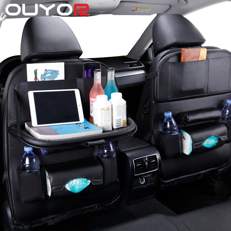 Organizador para asiento de coche de cuero PU, accesorio de viaje para  automóvil, almacenamiento trasero con bandeja plegable y bolsa para  almacenaje - AliExpress
