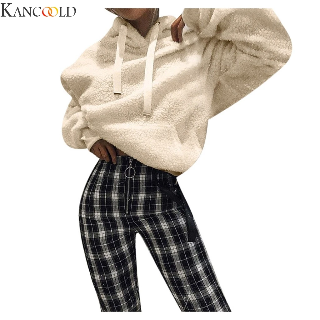 Бежевый KANCOOLD, женская мода, длинный рукав, флис, толстовка с капюшоном, Свободный пуловер, толстовка, Уличная Повседневная одежда, Новая мода - Цвет: Бежевый