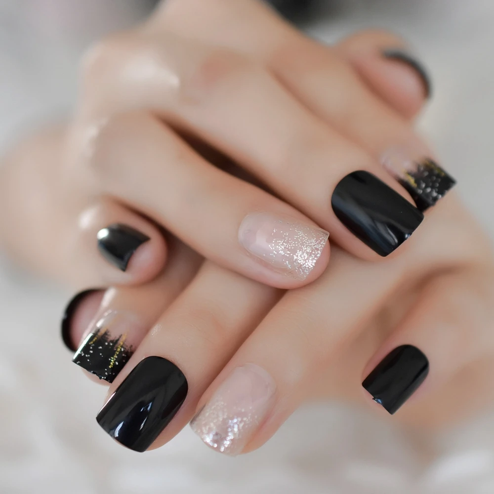 Новое поступление, модные блестящие накладные ногти, черные сверкающие короткие ногти, декоративные квадратные гладкие серые искусственные ногти - Цвет: L5082