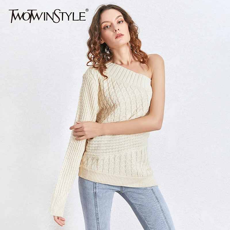 TWOTWINSTYLE Knitted Asymmetrical Sweater For Women One Shoulder Long Sleeve Irregular Hem Sweaters Female 2020 Spring Fashion | Женская