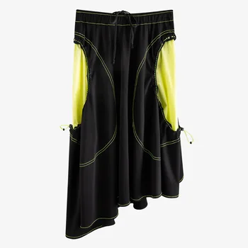 

High Waist Irregular Skirt Elastic Waist Open Threadline Drawstring Pleated Contrasting Color Medium-Length Skirt