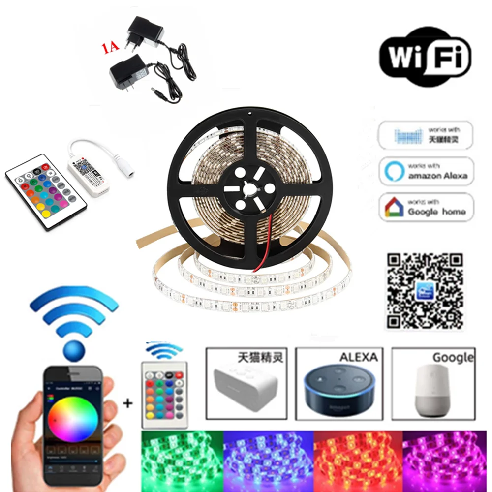 5050 RGB LED Strip Phone Control Wireless WiFi Tape Works With Google Home IFFFT DC 12V Flexible Strip Light+Power 5050 rgb led strip phone control wireless wifi tape works with google home iffft dc 12v flexible strip light power