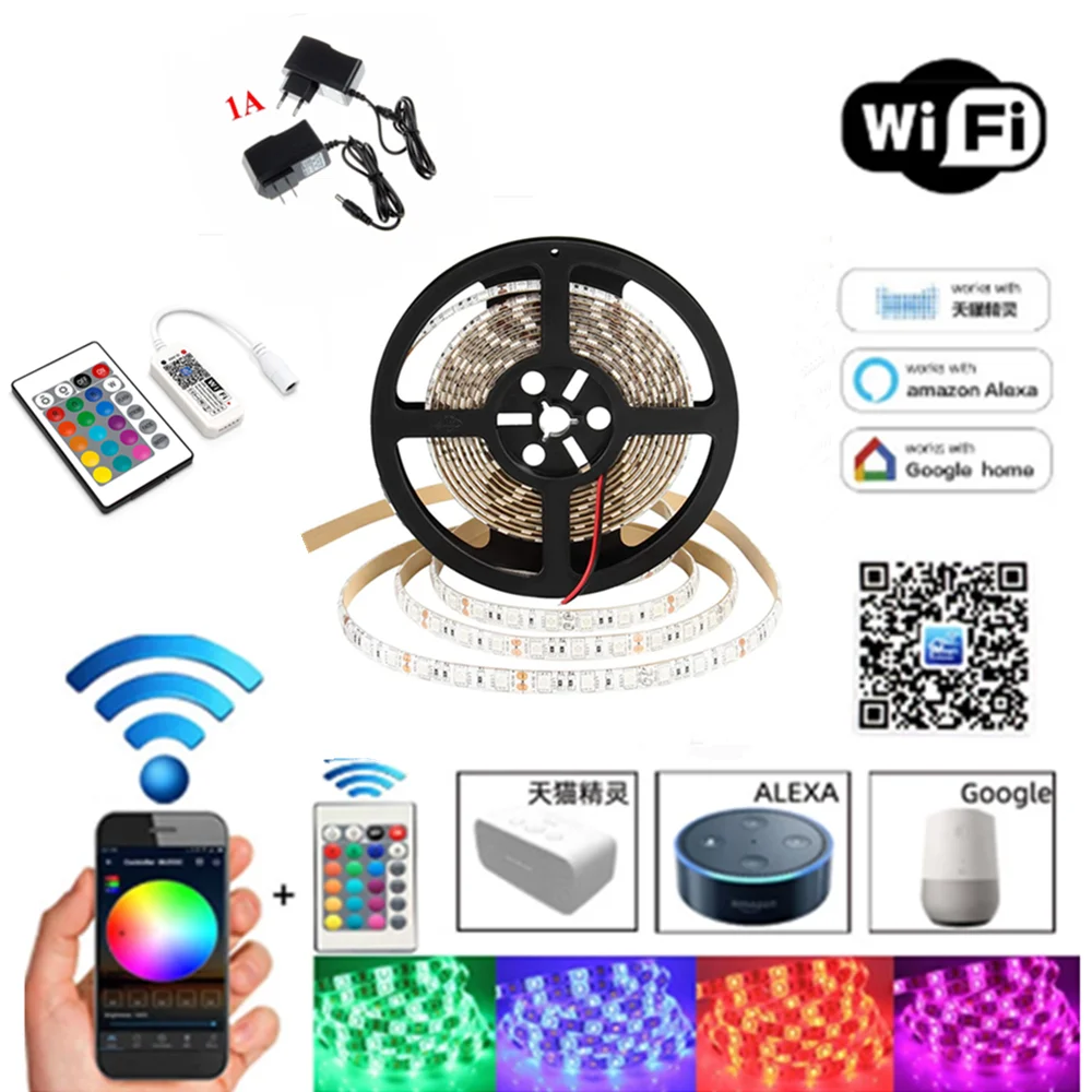 

5050 RGB LED Strip Phone Control Wireless WiFi Tape Works With Google Home IFFFT DC 12V Flexible Strip Light+Power