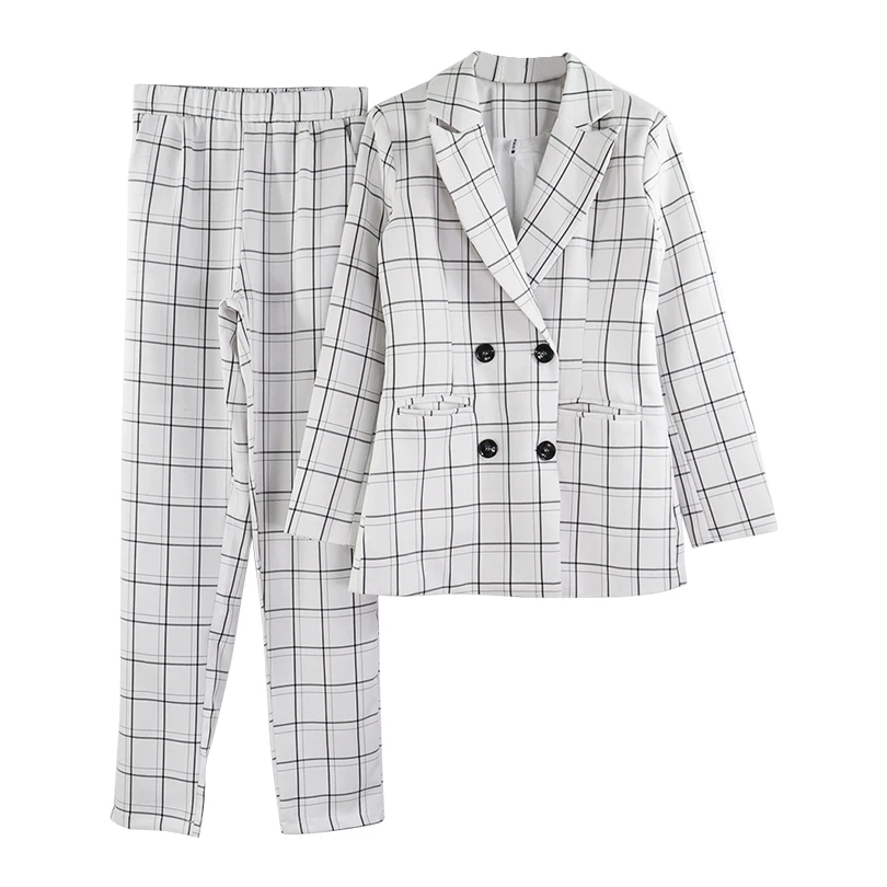 MVGIRLRU, клетчатый блейзер с длинным рукавом, комплект с брюками, Женская Осенняя рабочая одежда, женские костюмы из двух частей - Цвет: Белый
