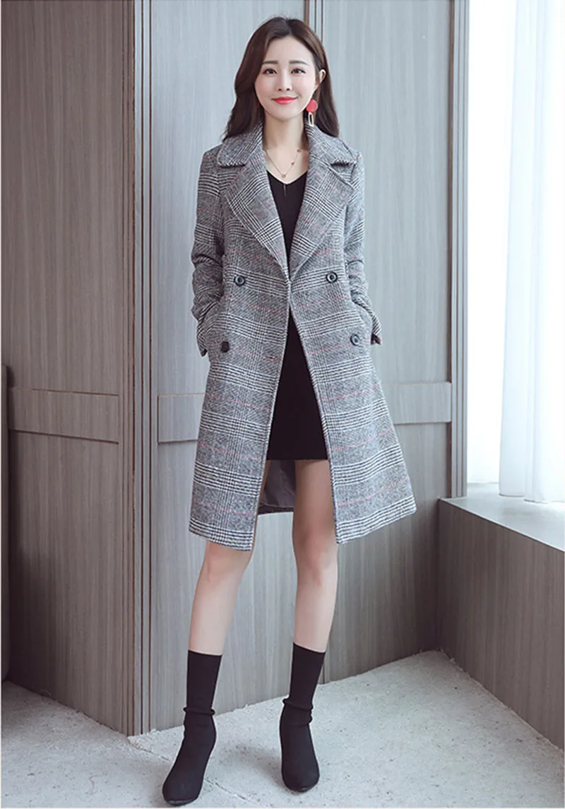 autumn and winter women's new ladies double-breasted color matching retro coat temperament coat trench coat