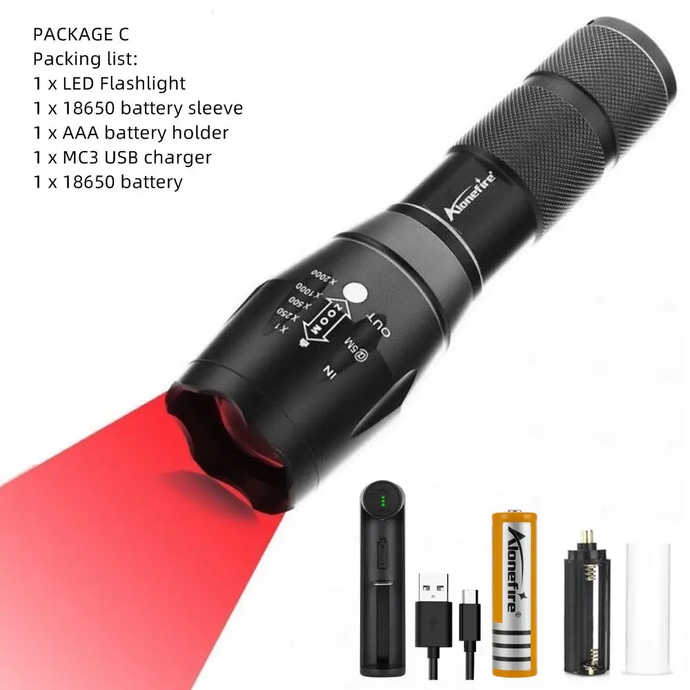 AloneFire E17 Zoomable красный светильник-вспышка, красный Охотничий Тактический фонарь, пчелы, рыболовные кровеносные сосуды, отель, камера, детектор, светильник 18650 - Испускаемый цвет: PACKAGE  C