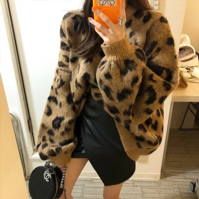 Женский пуловер с леопардовым принтом модный свитер в Корейском стиле