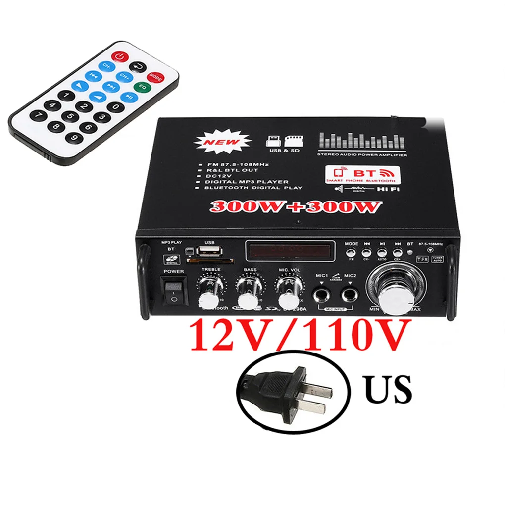 Car Bluetooth Stereo Audio Amplifier Home HiFi Music SD USB FM AMP 12V 600W Remote Control Music Player US Plug