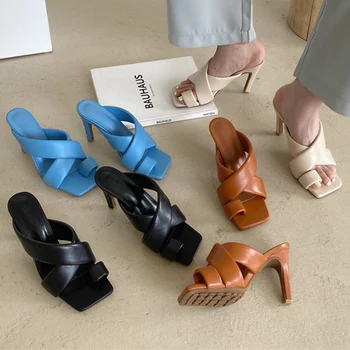 

2020 Women Slides 10cm High Heels Blue Mules Fetish Summer Fashion Slip On Peep Toe Sandals Luxury Heels Slippers Sandles Shoes