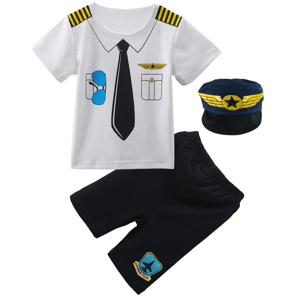 Комплекты одежды для маленьких мальчиков «Пилот», «полиция», костюм для новорожденных на Хэллоуин, летний костюм для мальчиков, топ с короткими рукавами+ штаны со шляпой - Цвет: Pilot