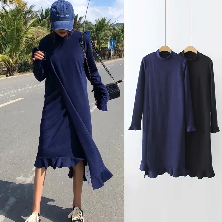 

Korean-style College Style Elegant Slimming Irregular Dress Women's Half-Turtle-Neck Bell Sleeve Solid Color Base Fishtail Skirt