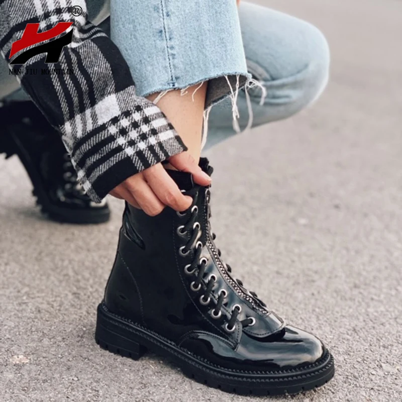

NAN JIU MOUNTAIN Black Flat Women's Boots Casual Martin Boots Round Toe Zipper Leather Boots Autumn Winter New Women's Shoes