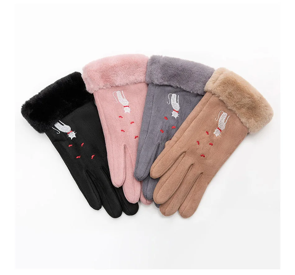 Новинка, зимние женские перчатки, одноцветные теплые рукавицы с сенсорным экраном, вышитый милый кот, ветрозащитные перчатки для улицы