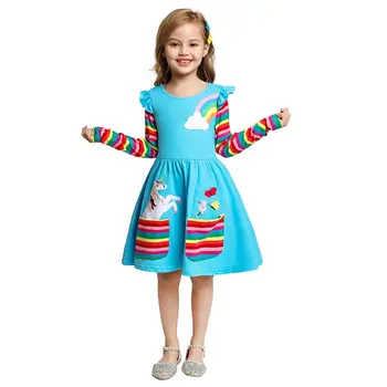 

MUABABY Girls Candy Color Tshirt Dress Children Rainbow Long Sleeve Unicorn Casual Clothes Girl Birthday Princess Cotton Dress