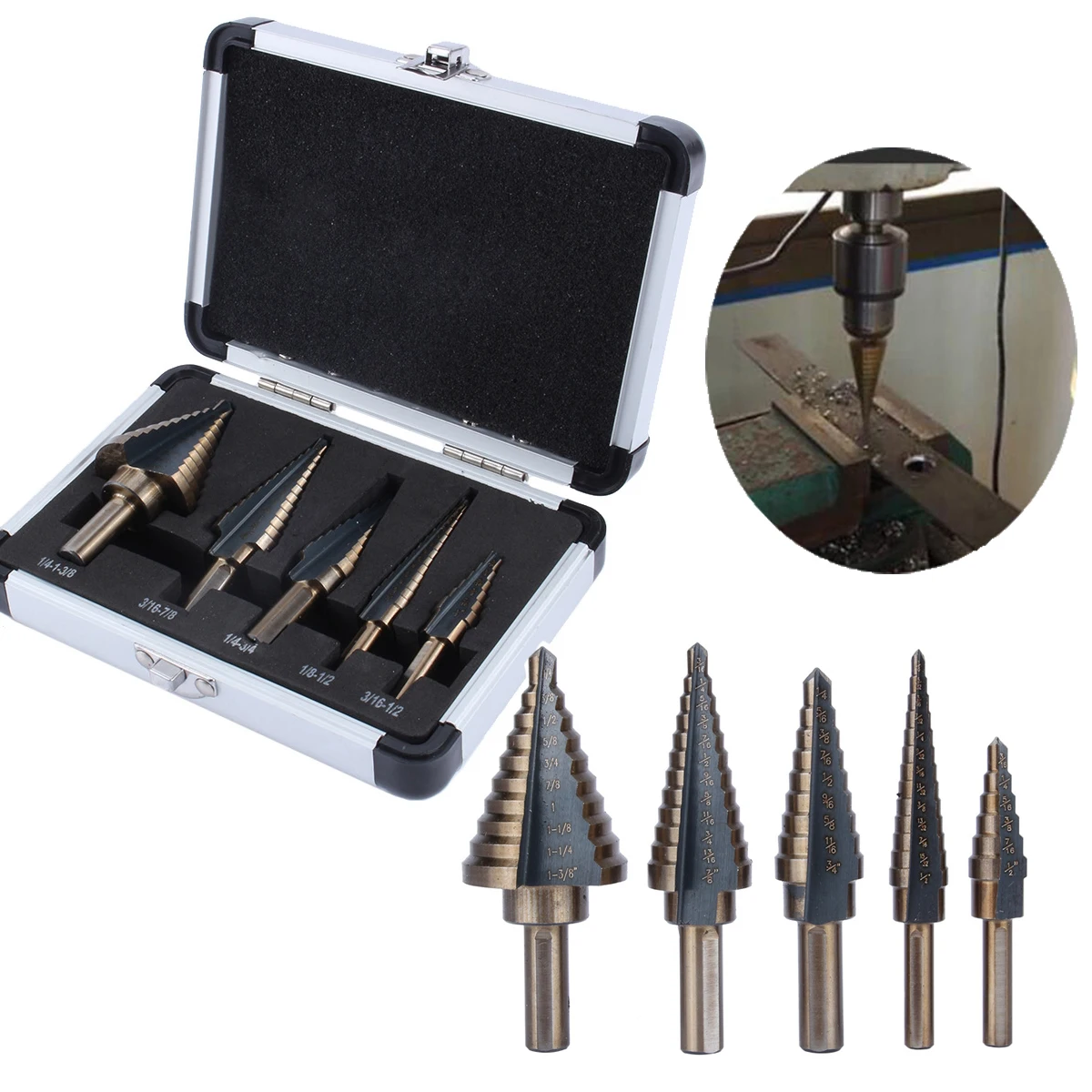 

Step Drill HSS Step Titanium Cone Drill Bit Tool Set 5Pcs Hole Cutter Case Step Drills Dropshipping New