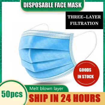 

50 Pcs Non Woven Disposable Face Mask 3-layer Masks Dust Proof Adult Ear Type Non-woven Mouth Mask Box Packaging
