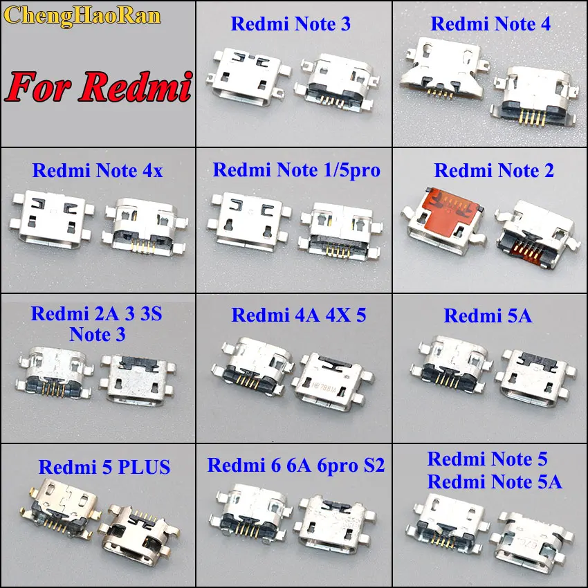 ChengHaoRan 50 шт потребительских упаковок для микро USB для Xiaomi Redmi Note 1 2 3 4 4A 4X5 6 6A 5A 5pro 5 PLUS S2 2A разъем jack Разъем зарядный порт