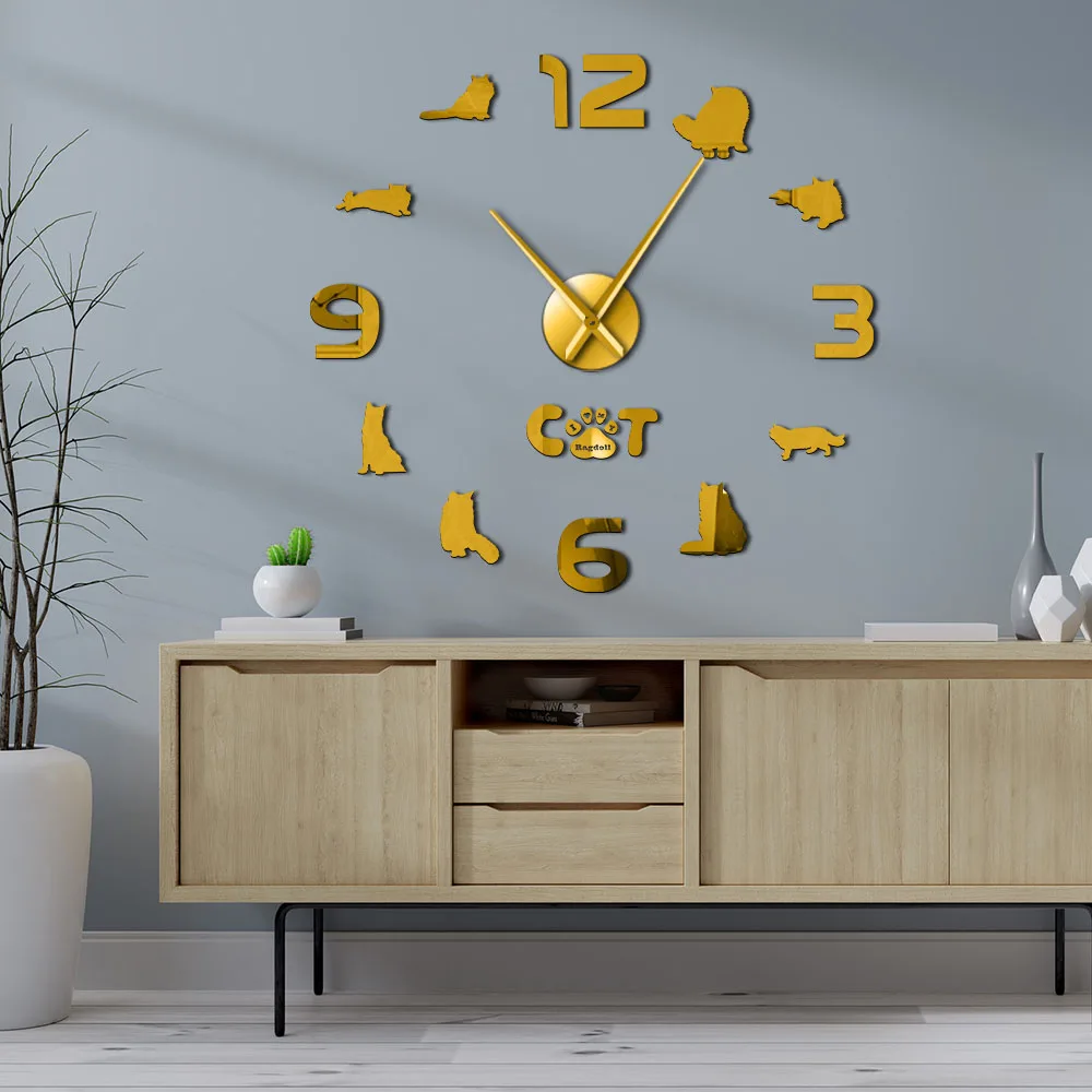 

Siamese Cat Ragdoll Cat DIY Large Wall Clock 3D Cat Silhouette Wall Art Mirror Stickers Cat Pet Home Decor Ragdoll Lover Gift