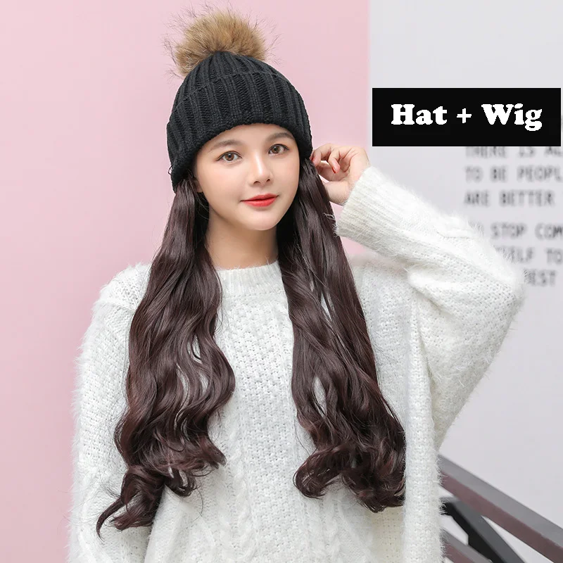 

Fashion Winter Hats Women Skullies Beanies Knitted Hat Wig All-in-one Wig Hat bonnet