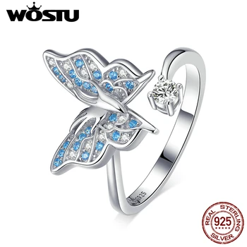

WOSTU 100% 925 Sterling Silver Butterfly Blue Zircon Rings Adjustable Size Ring Finger For Women Fashion Wedding Jewelry DAR098