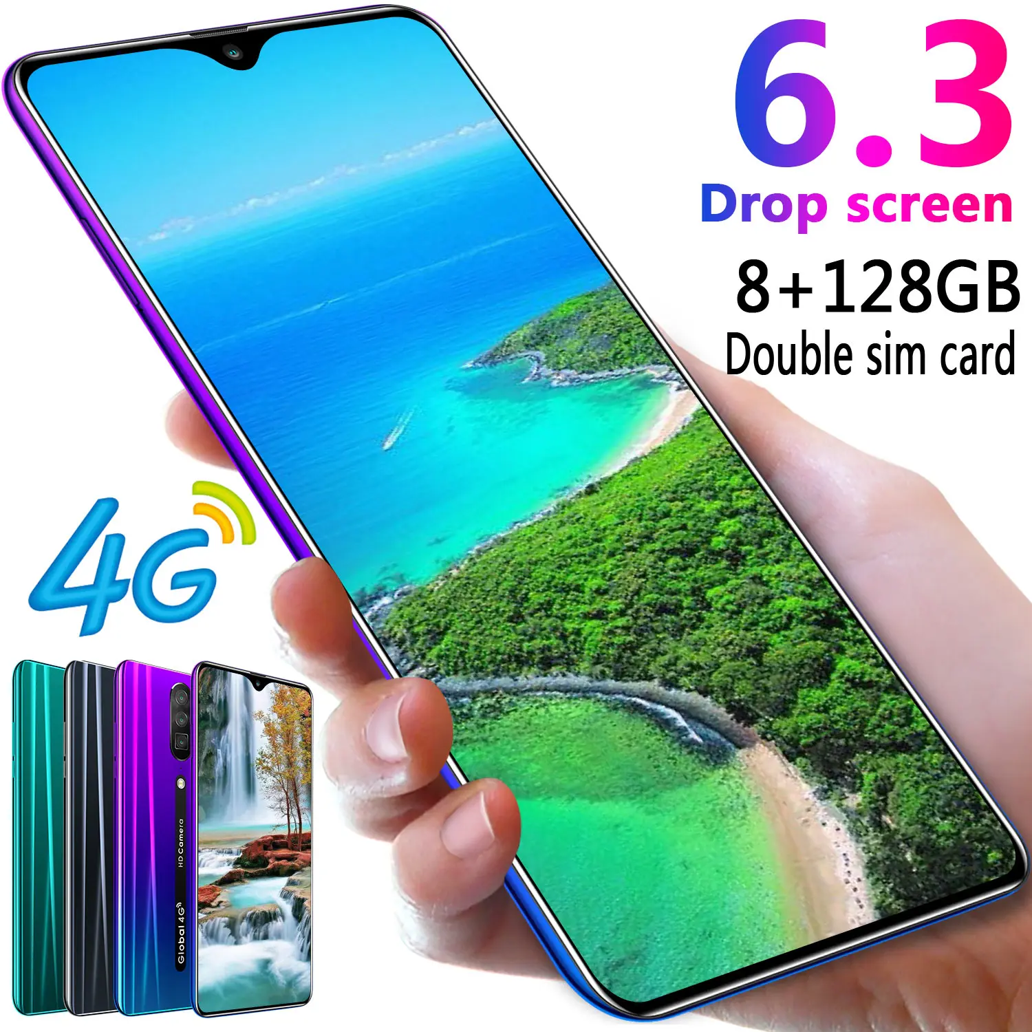  Rino Smartphone Android 4G Cellphones Global Version 6.3 Inch Dual Sim Unlocked Mobile Phone Water Drop Screen