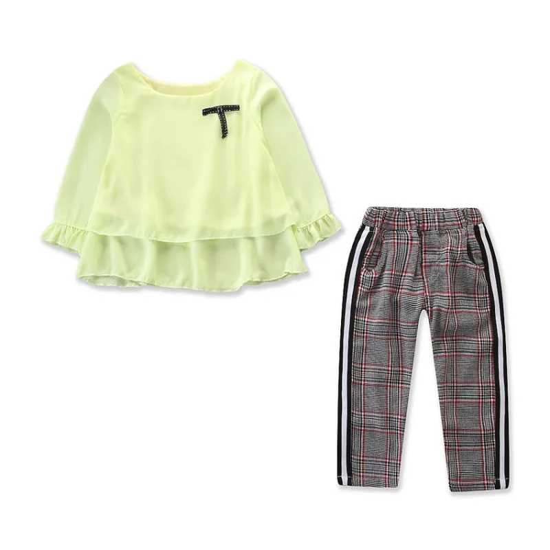 Комплекты одежды для маленьких девочек школьная одежда весенне-осенняя футболка с длинными рукавами и бантом+ повседневные штаны в клетку комплекты детской одежды из 2 предметов 5 цветов