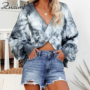

Znaiml Chic Positive negative Wear Blouse Women Tie-Dye V-Neck Long Lantern Sleeve Crop Top Blouse Corset Streetwear Outfits