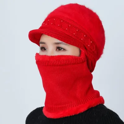 Зимние трикотажные изделия шарф женский Skullies вязаные шапочки зимние, шапки для женщин теплая маска Балаклава Толстая шерстяная Круглая Шапочка шляпа подарок матери - Цвет: red