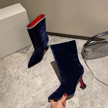

Women Shiny crystal diamond Suede pointed boots Wine glass high heel ankle shoes Genuine Leather shoes shoes Autumn Winter