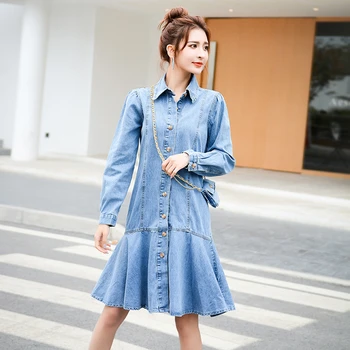 

2020 Spring New Lapel Long Sleeve Single-breasted Denim Dress Woman Fashion Medium Long Fishtail Loose Jeans Dress Vestido D3385