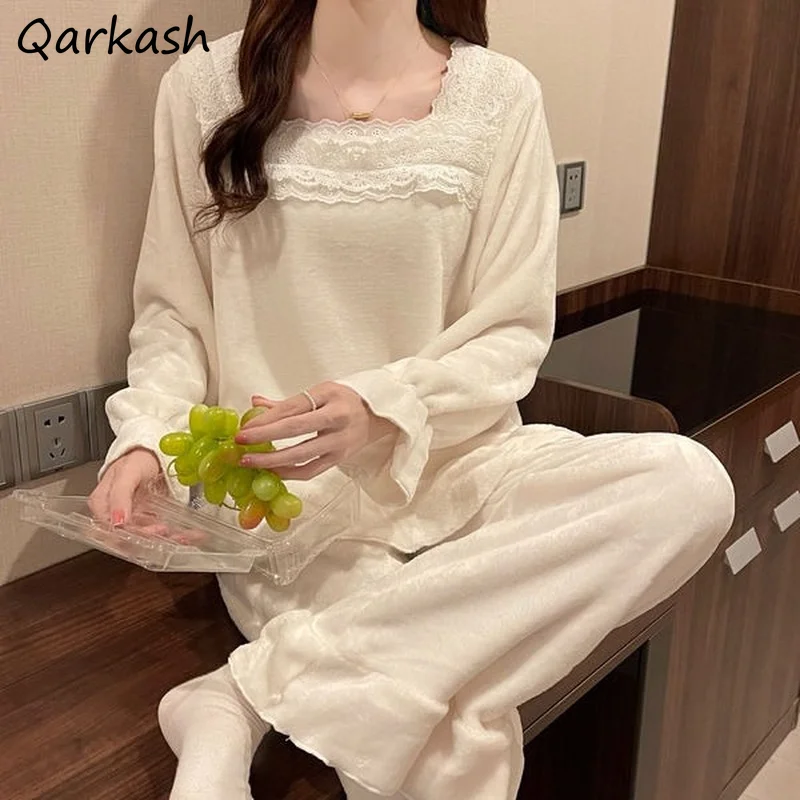 

Пижамный комплект Женский однотонный простой кружевной милый Классический женский нежный базовый длинный подростковый новый комплект Y2K Harajuku Chic