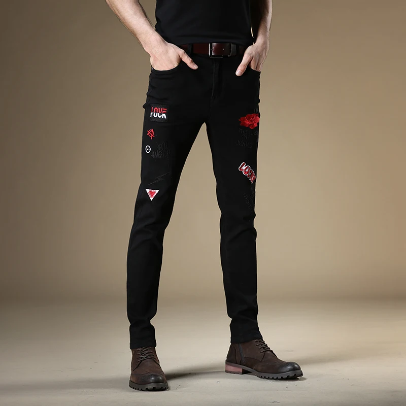 Men Jeans Fashion Rose Embroidery Black Denim Streetwear Straight Pencil Pants