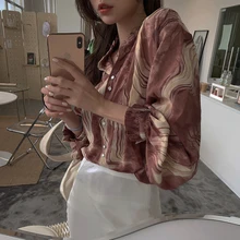 

2020 Autumn Women blouses Long sleeve Abstract print Vintage Loose Lantern Sleeve ladies blouses Retro casual female tops