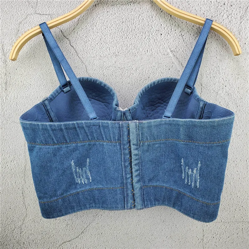 2020 New Women Denim Caims Bustier Bra Cropped Top Sexy Vest Diamond Push Up Crop Top Tank Women Clothes Adjustable