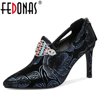 

FEDONAS Rhinestone Pumps Women Spring Autumn Shallow Back Zipper Pumps Party Prom Shoes Woman High Heels Pointed Toe Pumps